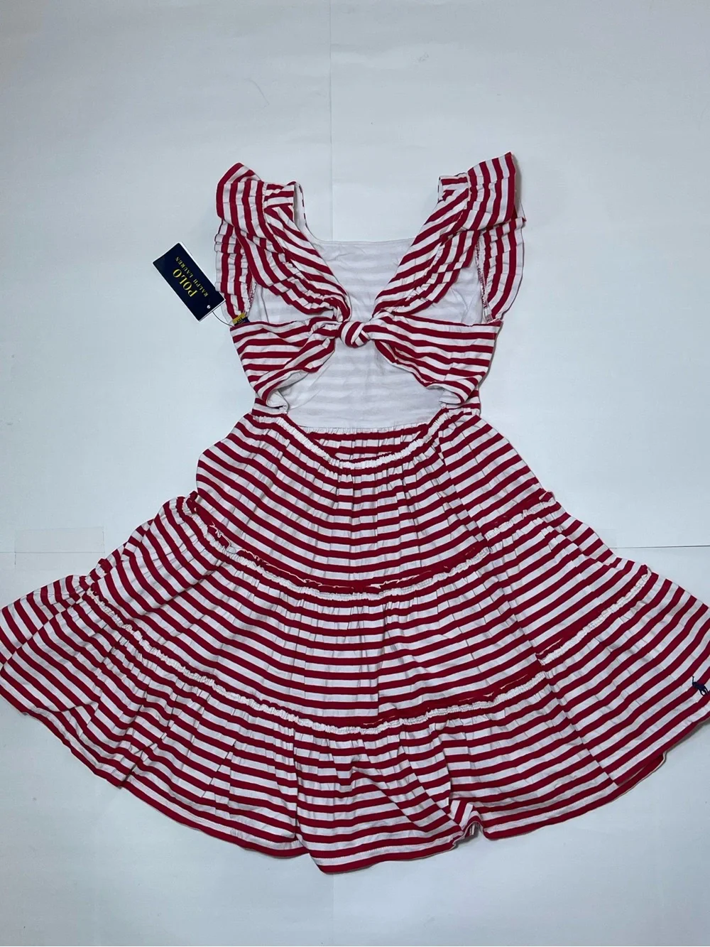 Polo by Ralph Lauren Girls Red & White Striped Ruffle Strap Tiered Dress Size L